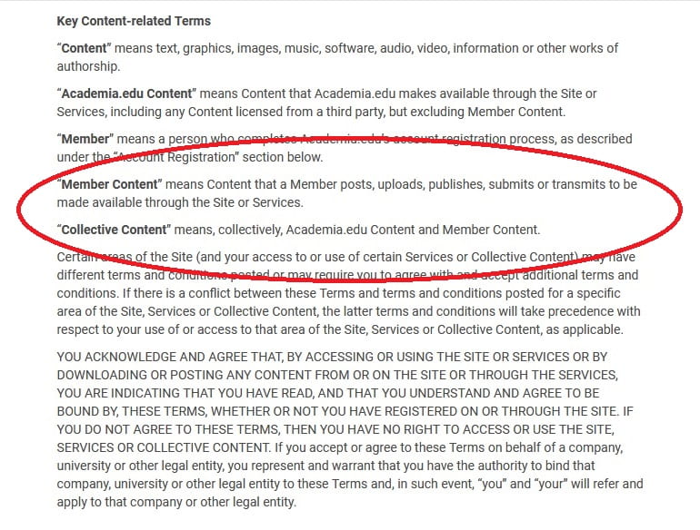 Extract from Academia.edu's Terms of Service which provides definitions for Key Content-related terms. 
